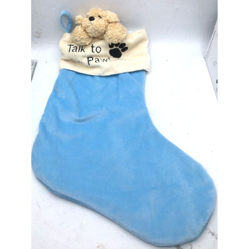 Christmas Stocking Talk To The Paw Dog Plush Blue Brown Beige EUC Free Shipping